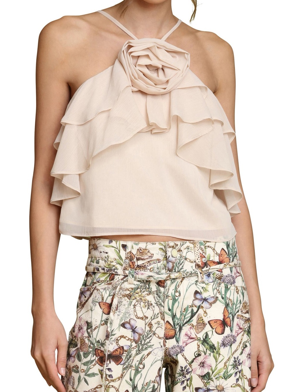 Avec Les Filles Rosette Ruffle Neck Halter Top